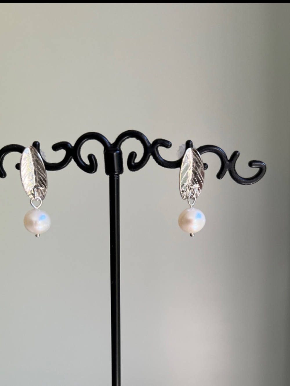 Sterling Leaf and Pearl Drop Earrings - Silver and White